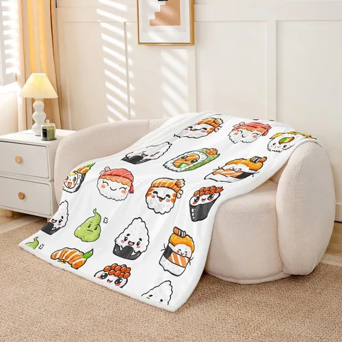 Vista 3 de Feelyou Manta con patrón de sushi de forro polar de estilo japonés para sofá, sofá de viaje, para adolescentes, manta sherpa con temática