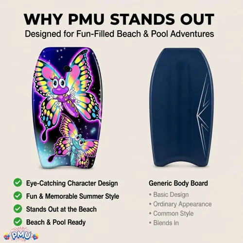 Vista 8 de PMU Bodyboard estampado con gráficos, correa de muñeca ligera, parte inferior lisa para playa, mar y piscina, tabla de surf para niños, adolescentes