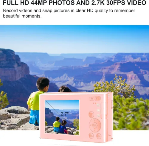 Vista 2 de Cámara digital de 44 MP – Apuntar y disparar compacta con tarjeta SD de 32 GB, zoom digital 16X, pantalla de 2.4 pulgadas – Cámara de vlogging