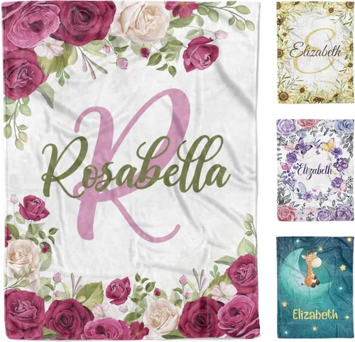 Vista 9 de AVIClothes Manta de bebé niña personalizada, mantas personalizadas con diseño de mariposas y flores, manta de bebé con nombre para niña, 30 x 40