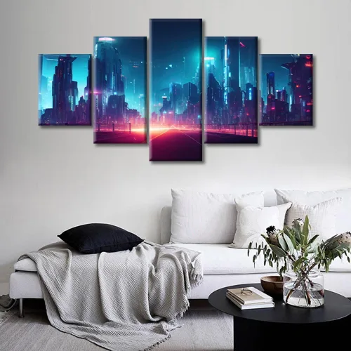 Vista 32 de Cuadros de 5 paneles de Cyberpunk City, arte de pared, representación de vallas publicitarias, edificios modernos en la capital con obras de arte