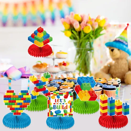 Vista 7 de Faccito Bloque de construcción de 11 piezas de decoración de fiesta de cumpleaños, bloques de construcción con temática de panal de abeja