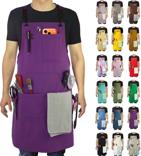 Vista 9 de Delantal de Cocina, Delantal de Trabajo, Lona, Múltiples Bolsillos, Jardinería, Pintura, BBQ, Artista, Carpintero, Tallas M a XXL, Ámbar