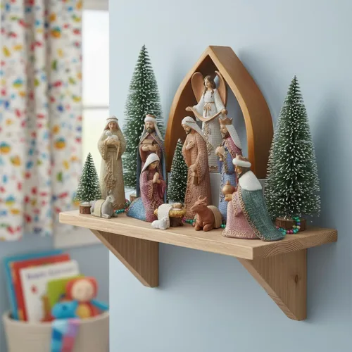 Vista 3 de Comfy Hour Faith and Hope Collection Baby Jesus, Santa Familia con Ángel, Belén de Navidad, juego de 11 piezas, poliresina