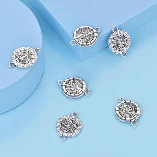 Vista 6 de 20 piezas de diamantes de imitación de plata antigua para uso religioso de San Benito Medallón de Pulsera Conector de Cuentas Redondas de Enlace