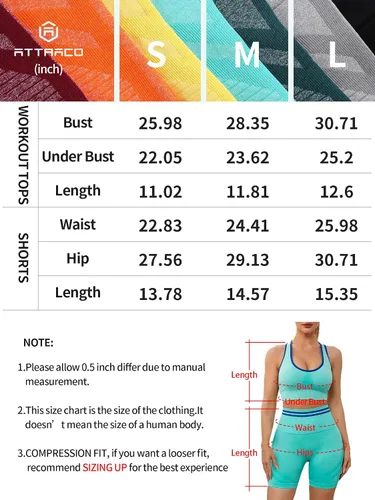 Vista 6 de ATTRACO Conjuntos de entrenamiento de 2 piezas para mujer, sin costuras, brasier deportivo acanalado, pantalones cortos de yoga de cintura alta