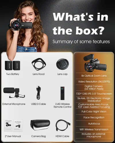 Vista 9 de Videocámara de cámara de video 5K, cámara de vlogging WiFi de 64 MP para YouTube con zoom óptico 8X, pantalla táctil IPS de 3.5 pulgadas, visión