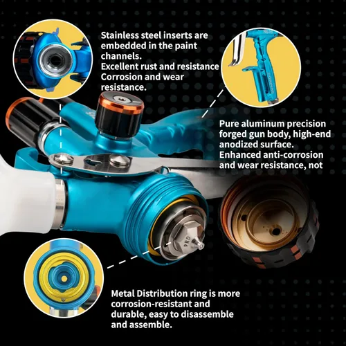 Vista 4 de HVLP - Pistola de pulverización de reacabado automotriz PRD-716 de 0.051 in, pistola de pintura con boquilla, azul