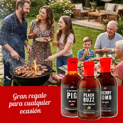 Vista 6 de PS Seasoning Salsa BBQ dulce y picante paquete de 3, cerdo desmenuzado de melocotón y cereza