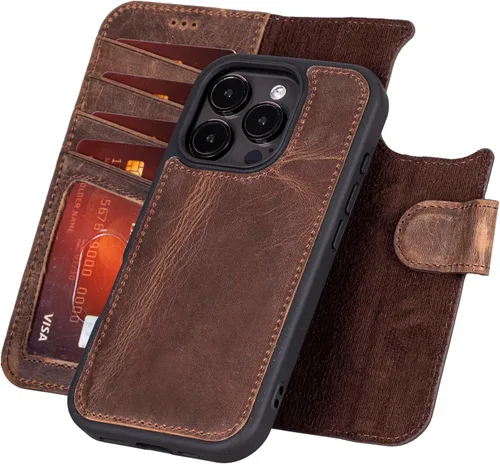 Vista 68 de Bayelon Funda tipo cartera para iPhone 15 Pro, cartera de cuero de grano completo, funda magnética desmontable, tarjetero, funda tipo cartera