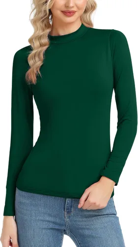 Vista 14 de Camiseta térmica básica de manga larga para mujer, ligera, con cuello alto falso, ajustada, capa suave Beige