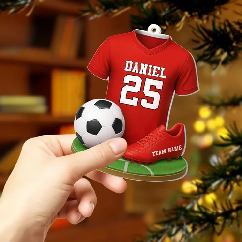 Vista 4 de Adorno de fútbol personalizado, adorno 2D de Navidad de fútbol, decoración del árbol de Navidad para jugadores y fanáticos del fútbol, adornos Ds1