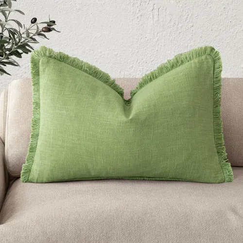 Vista 38 de Foindtower Fundas de almohada decorativas de lino con flecos, acogedora funda de cojín bohemia estilo farmhouse con borlas, funda de almohada