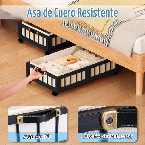 Vista 6 de efluky Paquete de 2 contenedores de almacenamiento de bambú debajo de la cama con ruedas, cesta de almacenamiento de ropa debajo de la cama con Negro