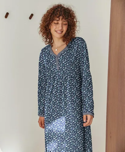 Vista 2 de Ekouaer - Camisón de manga larga para mujer, estilo informal con botones, Henley, vestido de dormir largo