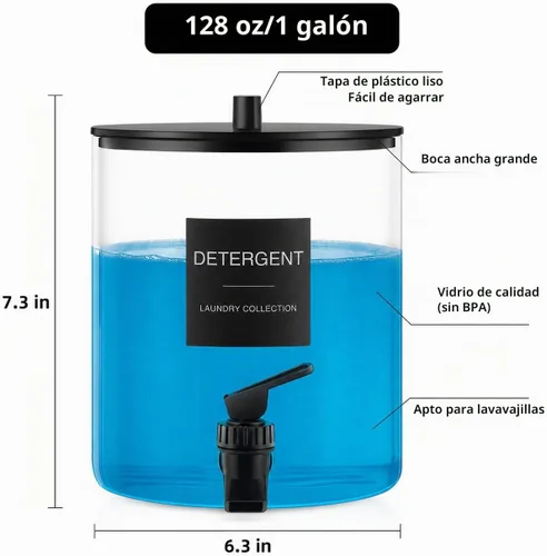 Vista 5 de TIPGO Dispensador de detergente para ropa de vidrio de 1 galón con espiga, recipiente de jabón líquido de lavandería de 128 onzas y suavizante