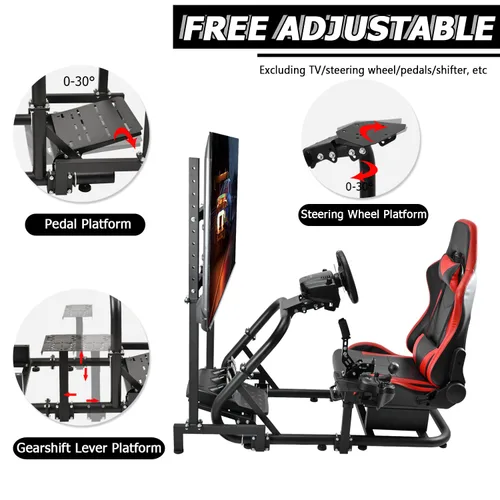 Vista 5 de Minneer Immersive Drive Fly Simulator Cockpit with Red Seat and TV Stand Fit for LogitechThrustmasterFanatec G29G920T248 Racing Wheel Stand(Wheel