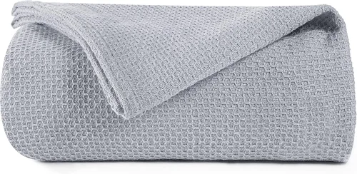 Vista 8 de BOUTIQUO - Cobija de cama 100% algodón, cobija térmica transpirable tamaño individual 60"x90", suave cobija de punto panal 152cmx229cm, cobija