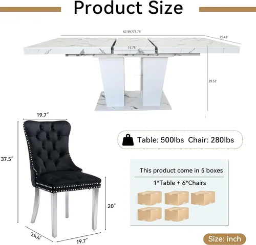 Vista 7 de Henf Juego de mesa de comedor de mármol sintético de 7 piezas para 6, mesa de comedor extensible de 63"-79" y 6 sillas negras acolchadas para 6