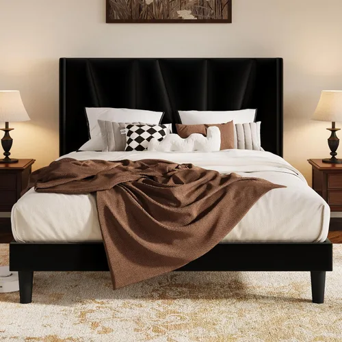 Vista 11 de HOOMIC Base de cama tapizada de tamaño matrimonial con cabecera geométrica moderna con respaldo de ala, listones de madera, no necesita somier, base