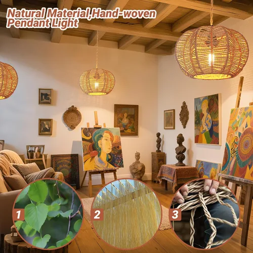Vista 3 de Luces Colgantes con Cable de Enchufe, Lámpara Colgante de Ratán, Luminarias de Techo Boho, Lámpara Colgante de Estilo Rústico para Sala de Estar
