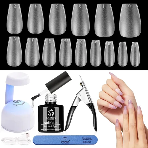 Vista 8 de Kit de Uñas de Gel Beetles 600Pcs Puntas de Uñas de Ataúd Largo con Esmalte de Gel Rosa, Capa Superior, 15 Tamaños de Uñas Autoadhesivas