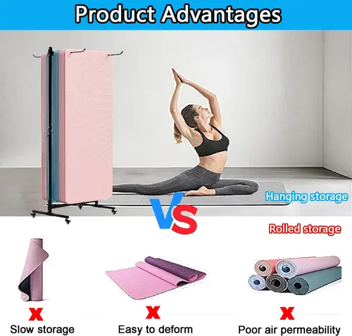 Vista 6 de Soporte para tapete de yoga colgante, carrito de esterilla de yoga rodante, estante de almacenamiento de gran capacidad, con perforador, estante