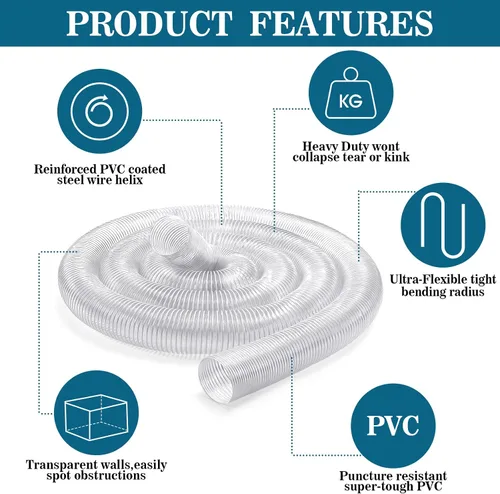 Vista 3 de Yaocom Manguera de recogida de polvo de PVC de 2.5 pulgadas y 30 pies con abrazaderas de acero inoxidable, flexible, transparente, resistente a