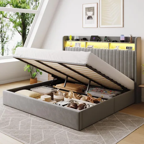 Vista 11 de SHA CERLIN - Estructura de cama de tamaño matrimonial con almacenamiento elevado/Luces LED/Estación de carga/Cabecero con estantes de 2 niveles/USB