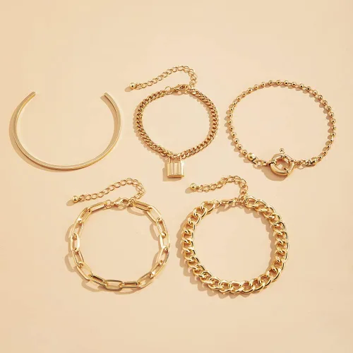 Vista 4 de Juego de 5 pulseras apilables de cadena de oro y plata de estilo bohemio para mujer, con cuentas ajustables y gruesas, cadena de cable plano y punk