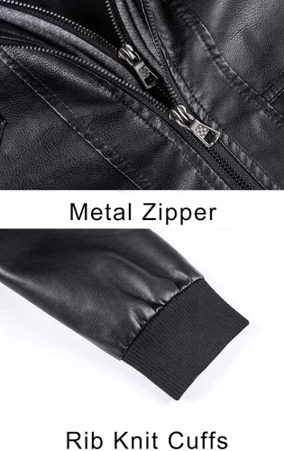 Vista 7 de MAGCOMSEN Chaqueta de piel sintética con cuello alto para hombre, 6 bolsillos, chaqueta de motocicleta con capucha extraíble