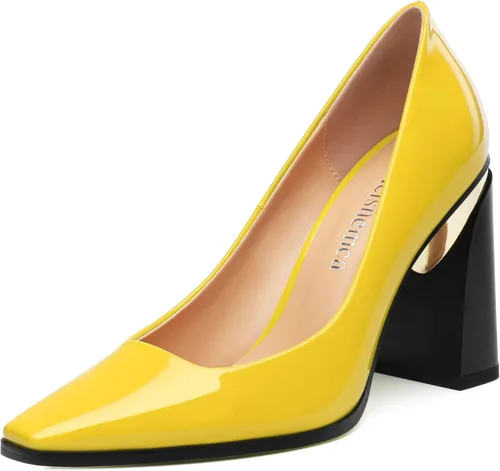 Vista 29 de Tacones altos para mujer, zapatos de vestir de tacón grueso con puntera cuadrada cerrada de patente, tacones elegantes, zapatos de vestir diarios