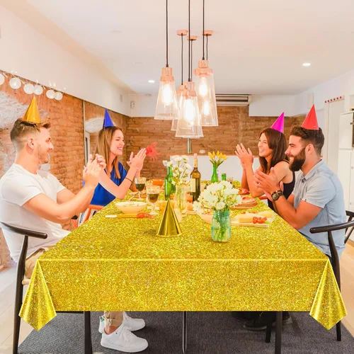Vista 3 de Mantel de mesa láser de carnaval rojo y dorado de 40" x 108" brillante para Navidad, holográfico, de plástico, para fiestas de cumpleaños