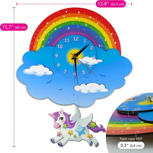 Vista 4 de Reloj de pared con péndulo de unicornio y arco iris, vista tridimensional, reloj oscilante analógico para niños, madera MDF 3D, para dormitorio
