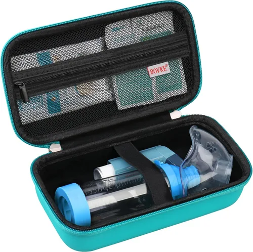 Vista 12 de BOVKE Estuche rígido de viaje para inhalador de asma, espaciador de inhalador para niños y adultos, máscaras, soporte para inhalador, bolsa