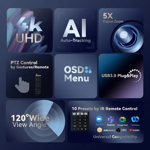 Vista 2 de TONGVEO Cámara PTZ 4K con seguimiento automático alimentado por IA y control de gestos Zoom digital 5X USB 3.0 Cámara web PTZ gran angular de 120