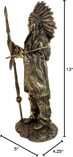 Vista 8 de Ebros nativo americano indio guerrero tribal jefe con tocado de batalla sosteniendo lanza y estatua de pipa Chalumet como decoración del hogar