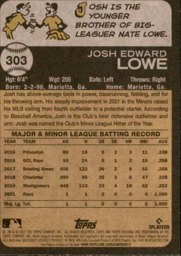 Vista 2 de 2022 Topps Heritage #303 Josh Lowe NM-MT RC Rookie Rays