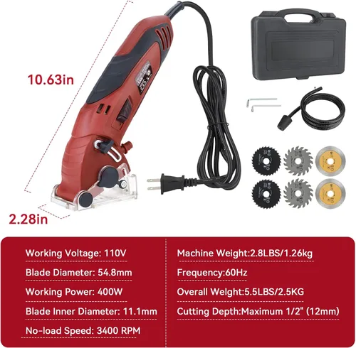 Vista 9 de Sierra circular mini con cable, 400W 110V 3400RPM multifunción manual con 6 hojas, profundidad máxima de corte ½ pulgada, sierra circular compacta