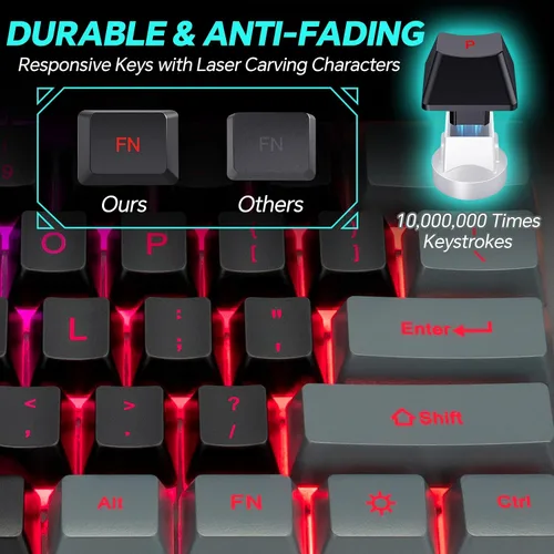 Vista 2 de CHONCHOW Combo de teclado y mouse para juegos con retroiluminación LED de 104 teclas de tamaño completo, luz de teclado con cable USB, sensación