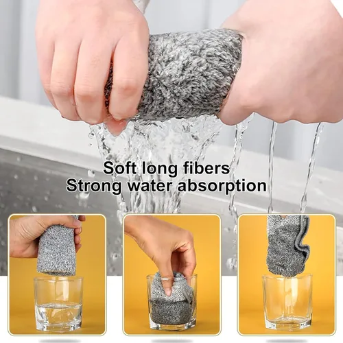 Vista 4 de 3 paños de cocina de alambre antiarañazos, 2 capas superabsorbentes de bambú y carbón, trapos reutilizables multiusos para lavar platos húmedos