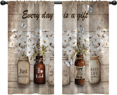 Vista 26 de Cortinas de cocina de estilo granja occidental con bolsillo para cortinero, pequeñas y cortas, estilo café rústico, cabaña, puerta de granero