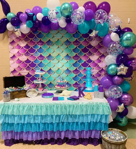 Vista 4 de Telón de fondo de sirena para decoración de cumpleaños infantiles, telón de fondo de fiesta de cumpleaños de sirena, fondo de fotografía de escamas