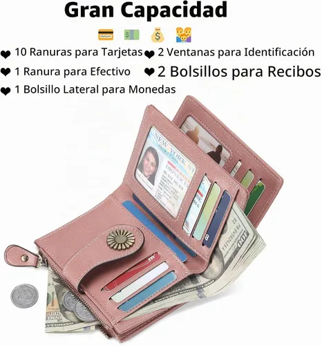 Vista 2 de SENDEFN - Billetera pequeña para mujer de cuero con doble solapa, portatarjetas con bloqueo RFID, bolsillo con cremallera para monedas 1-cera-rosa