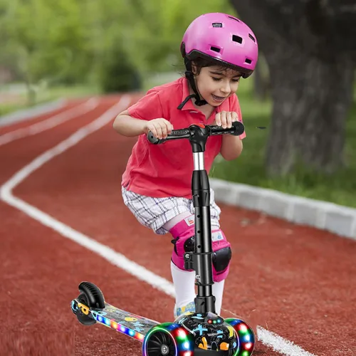 Vista 6 de Patinete 2 en 1 para niños de 3 a 8 años, altura ajustable, asiento extraíble, 3 ruedas de luz LED, actividades al aire libre para niños y niñas