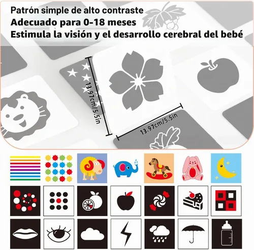 Vista 2 de Tarjetas didácticas para bebés de alto contraste, 120 unidades, color blanco y negro, para estimulación visual, para bebés de 0 a 18 meses