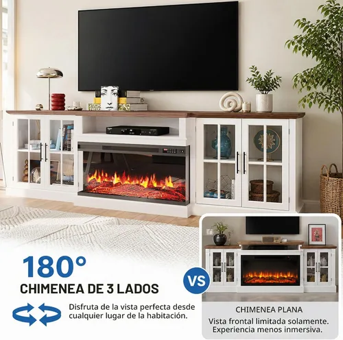 Vista 4 de Mueble de TV de estilo granja de 98" con chimenea de 36" para televisores de hasta 100", centro de entretenimiento multimedia con estantes 2-Blanco