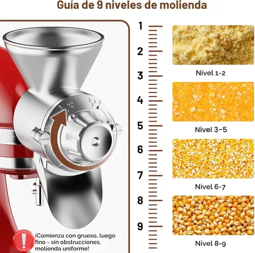 Vista 5 de Accesorio para molinillo de granos para batidora de pie KitchenAid, molinillo de harina completamente metálico de 9 niveles para KitchenAid