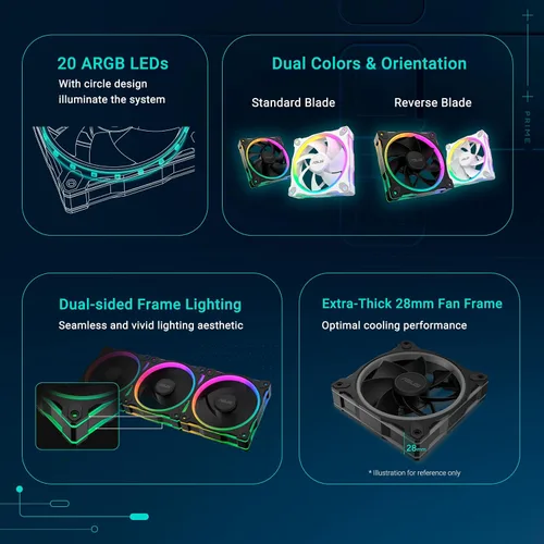 Vista 7 de ASUS Prime MR120 ARGB Fan Negro Paquete Triple, Marco Extra Grueso de 28mm, Silencioso, Enfriamiento de Alto Rendimiento con Control PWM, 20 LEDs