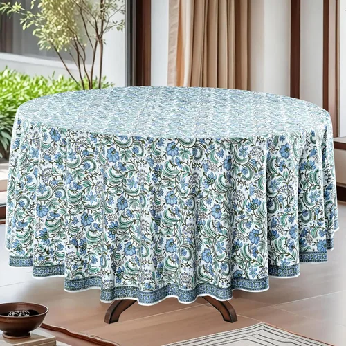 Vista 13 de Mantel redondo con estampado de bloque a mano, 100% algodón, reutilizable, turquesa, verde musgo, 90 pulgadas, mantel decorativo para uso diario
